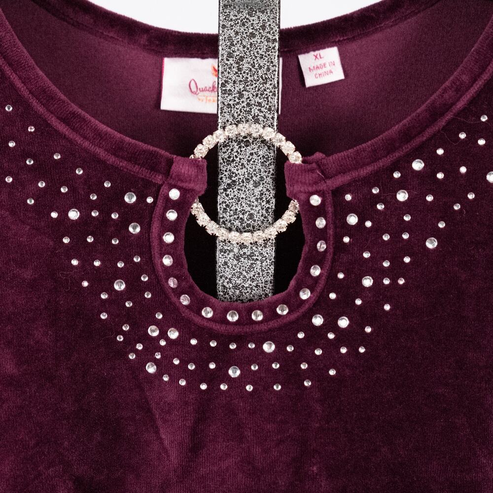 Quacker Factory Women's Velvety Velour Purple Tunic Top XL Rhinestones Holiday